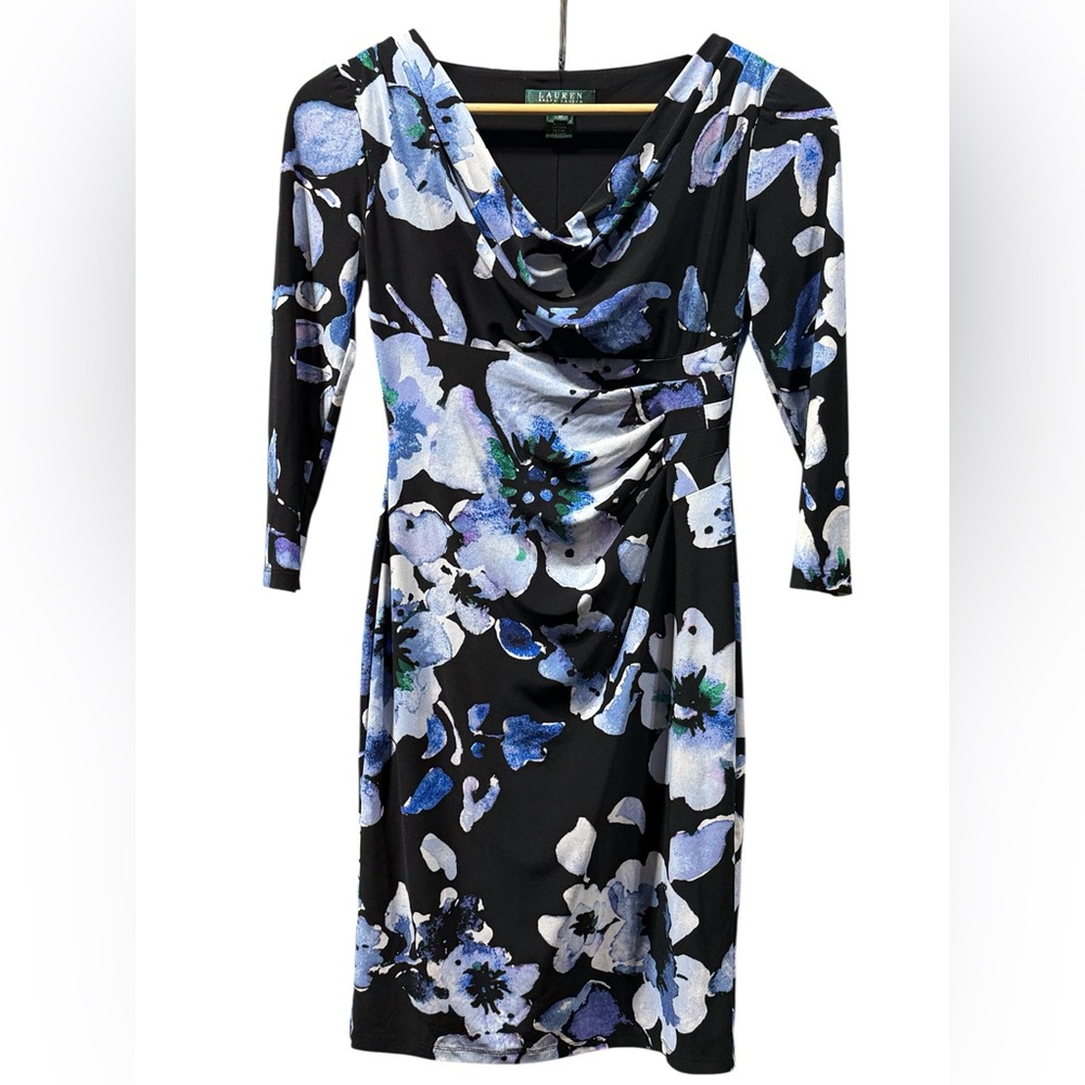 Lauren Ralph Lauren Floral Cowl Neck Sheath Dress Size 0P Blue Black White